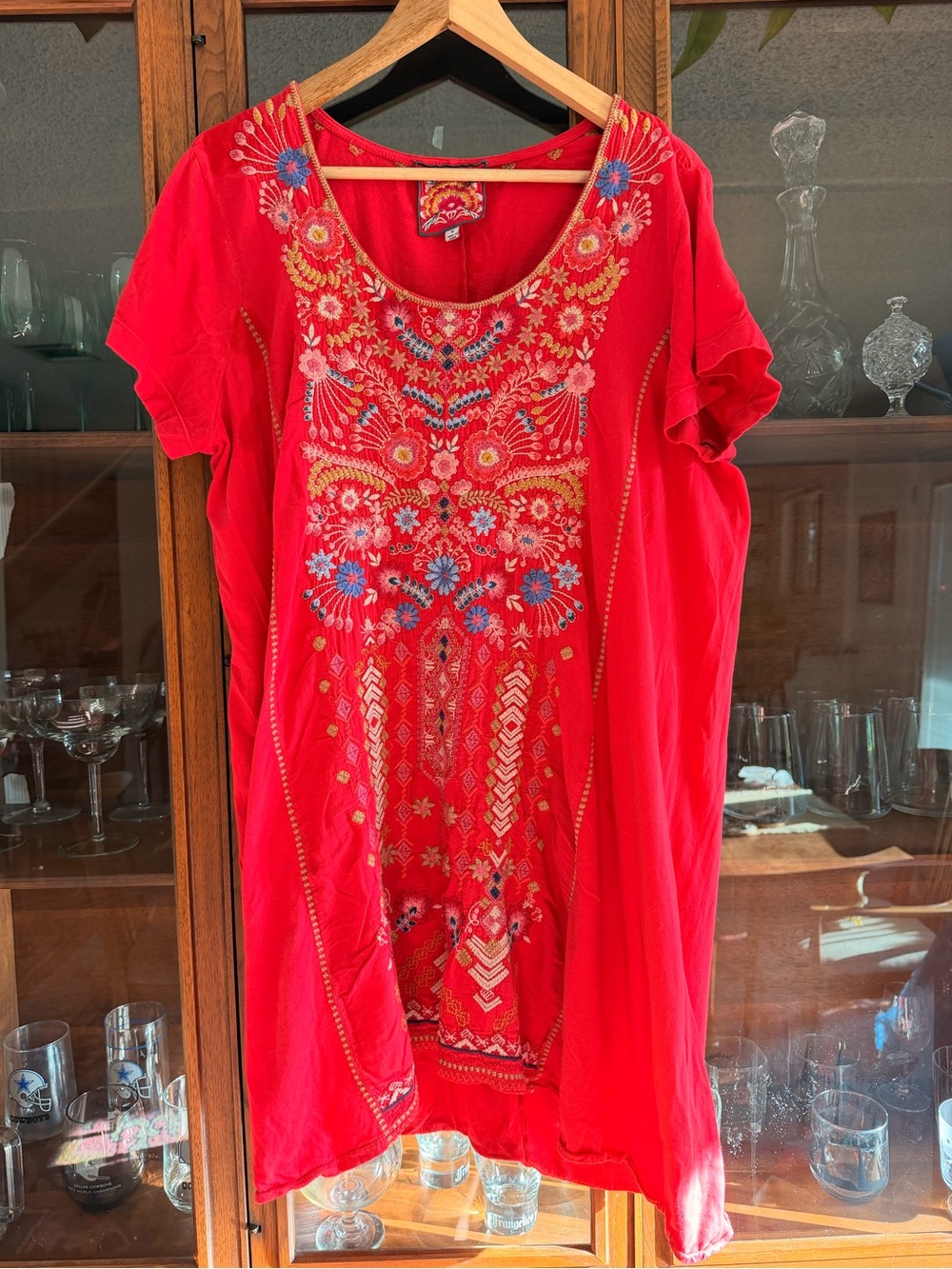 Johnny Was Red Embroidered Short-Sleeve Tunic